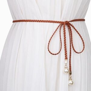 NEW| Women’s Elegant Faux Pearl Braided Vintage Style Skinny Belt PU Leather